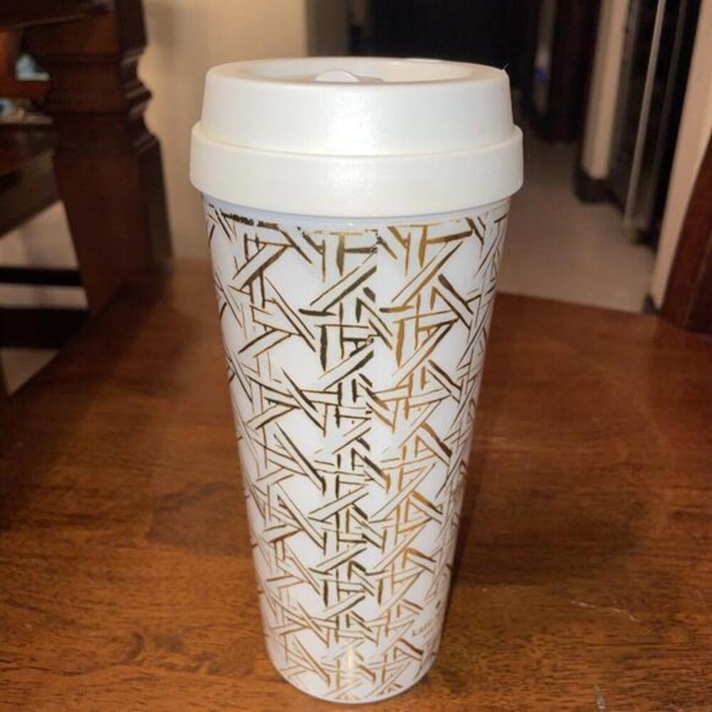Kate Spade Travel Tumbler Gold Ribbon Cream Colored 16oz